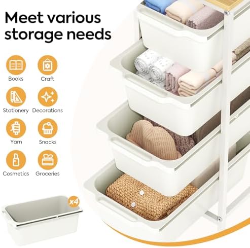KINGBOARD Slim Rolling Cart with 4 Drawers, Metal Utility Storage Cart