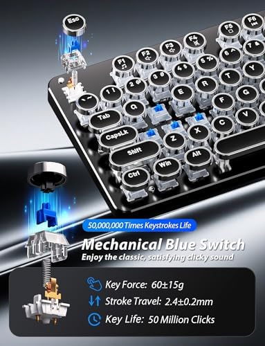 Typewriter Mechanical Gaming Keyboard and Mouse, Metal Panel Retro Keyboards with Round Keycap Blue Switch, Rainbow LED Backlit 104-Key Anti-Ghost Wired Mouse and Pad Combo for PC Laptop Mac Gamer