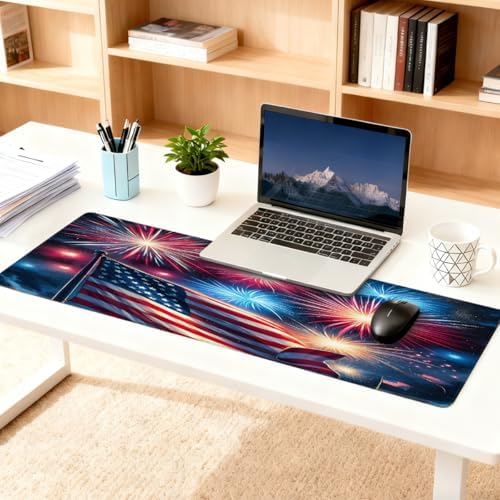 Large Mouse Pad American Flag Fireworks Non-Slip Rubber Long Gaming Desk Mat Big Computer Keyboard Mousepad Waterproof Protector Wristing Pad for Gaming Office Home Decorative 31.5 X 11.8 Inch