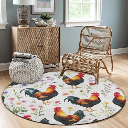 Soft Round Yoga Carpet, Office Chair Decor Round Mat for Carpet and Hardwood Floors Floral Flowers Chickens