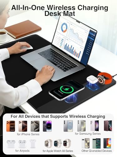 Mouse Pad with Magnetic Wireless Charging, Large Desk Mat, Non-Slip Mouse Mat, Keyboard Pad for Gaming, Desk, Office, PC