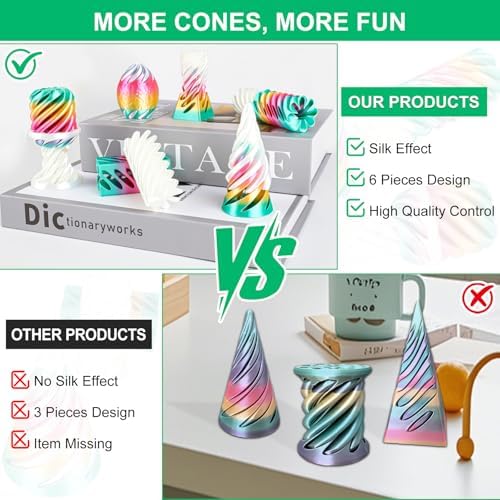 6 Packs Spiral Cone 3D Printed Fidget Toy Set, Flexible Impossible Cone Pyramid Passthrough Toys for Stress Relief,Desk Deco Relaxing for Kids Adults, Candy Gradient Rainbow & White