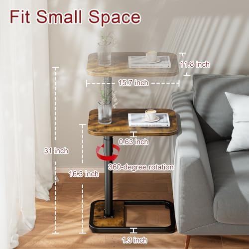 GOYLSER C-Shaped Tables Small Swivel End Table, Height Adjustable Side Tables Living Room, Rotating Snack Couch Wooden Tv Trays for Eating On Couch, Rustic Brown