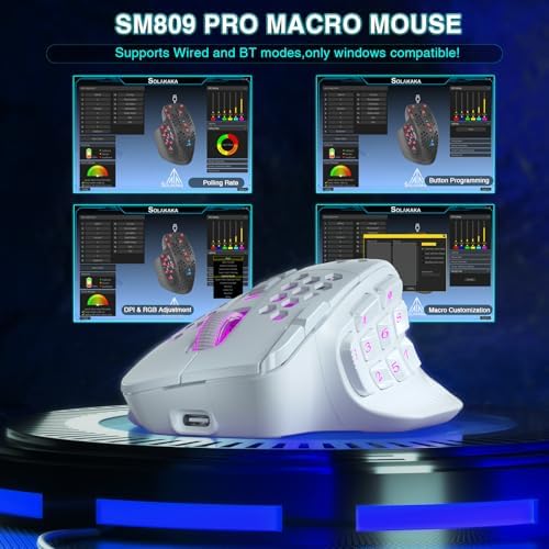 SOLAKAKA SM809 Pro Gaming Mouse with 9 Side Buttons,24000 DPI RGB Mouse for Gamer,16 Programmable Macros MMO Mouse (Wireless, 1-white2)