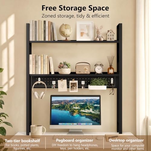 Brakki 2-Tier Desk Shelf, Desk Hutch Bookshelf with Pegboard and Hook Dorm