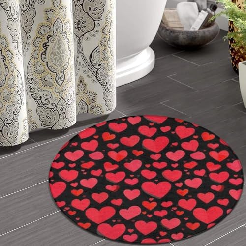 Soft Round Yoga Carpet, Large Home Decor Mat, Non-Slip Machine Washable Kitchen Office Circle Rug Compatible with Valentine's Day Elegant Red Love Heart Black