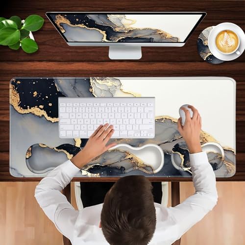 Keyboard Wrist Rest and Mouse Pad with Wrist Support Set Ergonomic Coaster,Memory Foam,Easy Typing Pain Relief,Large XL Desk Mat 31.5"x 11.8",Black Gold Marble