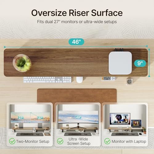 PEGZONE 46" Dual Monitor Riser, Metal Shelf Wooden Desk Organizer