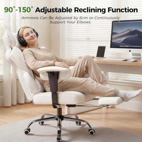 GTPOFFICE Big and Tall Office Chair 400LBS Wide Seat Computer Gaming Chair with Footrest & Comfy Lumbar Support, Leather High Back Executive Chair with Ergonomic Pressure Relief Seat Cushion, White
