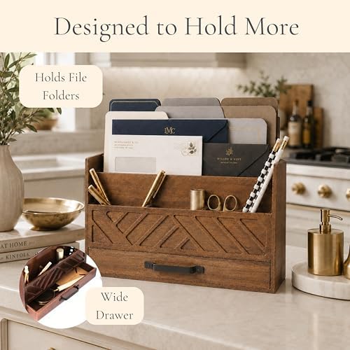 BLU MONACO | Wooden Mail Organizer with Drawer and Compartments | Mail Sorter Organizer Countertop for Desk Entryway | Outgoing Mail Holder Wood Desktop File Storage