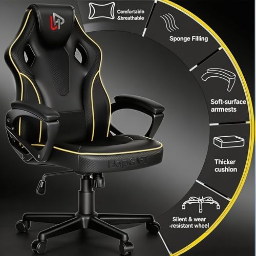 HapGIFT Gaming Chair, Ergonomic Computer Gaming Chairs with Link Armrest, PU Leather Video Game Chairs for Adults Teens, Height Adujustable Racing Style PC Chair for Home, 300LBS (BLACK)