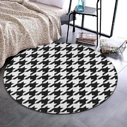 Large Machine Washable Circular Rugs, Home Decor Round Mat for Living Room Sofa Office Compatible with Black and White Houndstooth