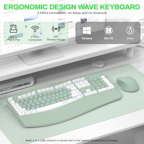 Wireless Keyboard and Mouse Combo,2.4G Ergonomic Wave Keys(Avocado Green-A)