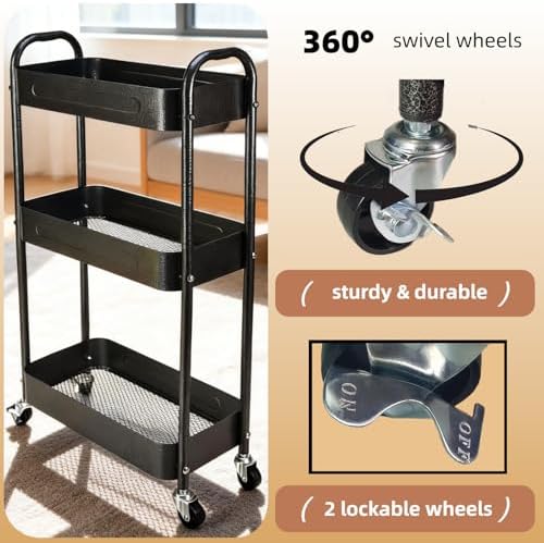 3 Tier Slim Metal Rolling Storage Cart for Laundry Room & Kitchen Organizer, 7.1'' Thin Standing Shelf for Narrow Spaces, Skinny Utility Cart with Wheels & Casters for Bathroom, Black
