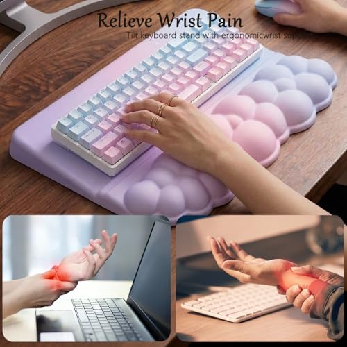 Computer Keyboard Stand Pad with Wrist Rest Colorful Cloud Keyboard Pad Support with Comfortable Rainbow Wrist Pad Cute Ergonomic Tilted Keyboard Riser Holder for Desktop Office Home Pink Purple Blue