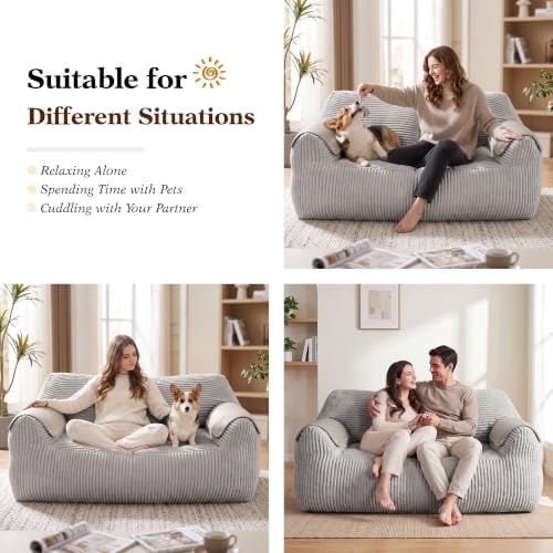 Homkdom Bean Bag Chairs for Adults, Lazy Loveseat Sofa with Armrests, Grey
