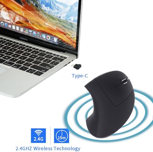 Fonicer Type C Vertical Wireless Mouse, 2.4G USB C Wireless Mouse, Ergonomic Mouse with Type C Receiver for MacBook, Computer, Laptop and All Type C Devices (Black)