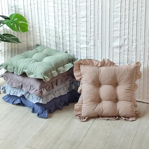 Tufted Cotton Chair Cushions Set of 2 Solid Color Soft Comfort Chair Pads with Ruffles Farmhouse Country Seat Cushions for Kitchen Indoor Dining Room Patio Chairs (Green,17"x17")