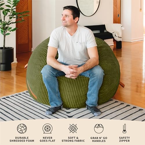 Big Joe Fuf 5Ft Oversized Foam Bean Bag Chair with Removable Cover for Kids, Teens, Adults, Moss Green, Corded Plush, 5 Foot Large Reading and Gaming Seat