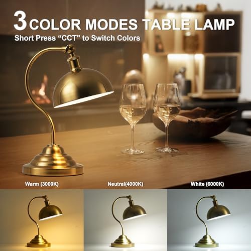 KARTOOSH Cordless Table Lamp, Battery Operated Vintage Desk Light, Brass