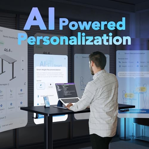 HUANUO One-Piece AI-Powered Electric Standing Desk, Smart APP, Work with Alexa & Google, Adjustable Height, 3 Memory Settings, Sedentary Reminder, Ergonomic Sit-Stand Desk, 48-inch, Black