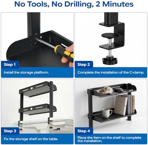 2-Tier Carbon Steel Clamp-On No Drill Desk Storage Organizer Shelf