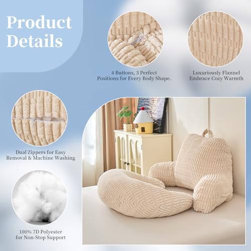 19" Reading Pillow for Bed,U Shaped Arm & Elbow Support,White Corduroy