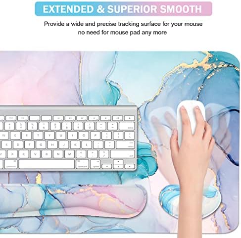 Ergonomic Large Mouse Pad and Keyboard Wrist Rest, Desk Pad for Keyboard and Mouse, 4-in-1 Large Gaming Mouse Pad with Wrist Support - Blue Marble
