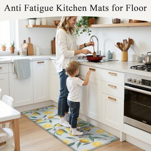 SHACOS Anti Fatigue Lemon Kitchen Rugs Mats Set of 2 Pieces Non Slip Soft Cushioned Standing Mat and Runner Wipeable Waterproof Floor Mat, 17"x27.5"+17"x47", Light Blue
