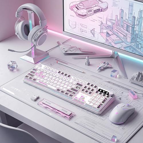 Redragon RM104 Wireless Gaming Keyboard with Knob, Tri-Mode BT/2.4G/USB-C RGB Computer Keyboards, 4000mAh Battery, Programmable Software Support, Anti-Ghosting, Compatible with PC Mac - Pink & White
