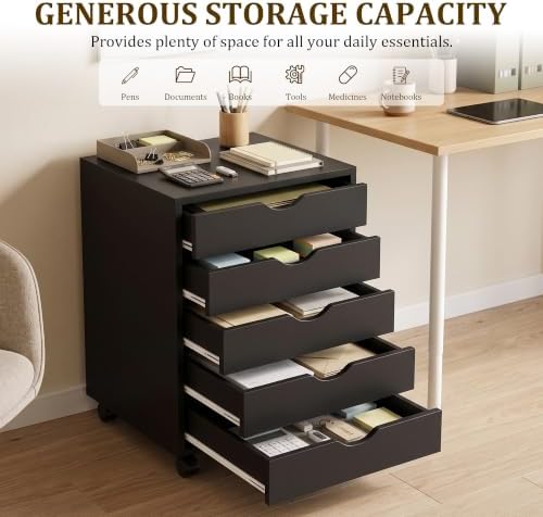 5 Drawer Chest, Under Desk Storage Mobile File Cabinet with Wheels, 5 Office Drawer for Home & Office Printer Stand, Black