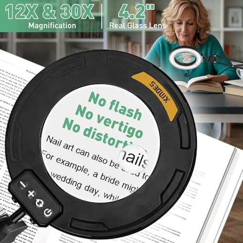 Magnifying Glass with Light and Clamp, 4.2in 12X 30X Extended Arm