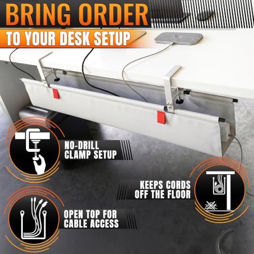 Under Desk Cable Management Tray 36" — No Drill Clamp-On Cord Organizer for Desk with Built-in Ties, Heavy Duty Metal Clamp, Foldable 600D Oxford Fabric for Home Office, WFH & Gaming PC Setup (White)