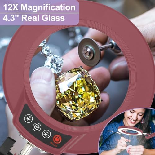 12X Magnifying Glass with Light and Clamp, Real Glass Lens Lighted Magnifier with Stand, 5 Color Modes LED Dimmable Magnifying Desk Lamp Hands Free for Crafts Painting Sewing Close Work - Red