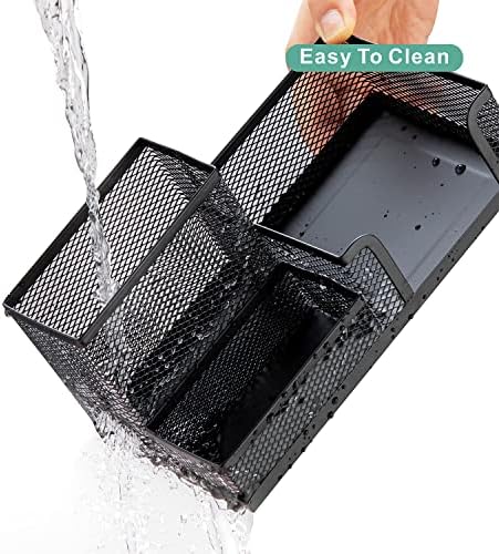Black Mesh Pen Holder - Multipurpose Mesh Desk Organizers Large Capacity Office Supplies with Sticky Notes Holder and 3 Compartments 4 Non-slip Mats Easy Storage Suitable for School, Home