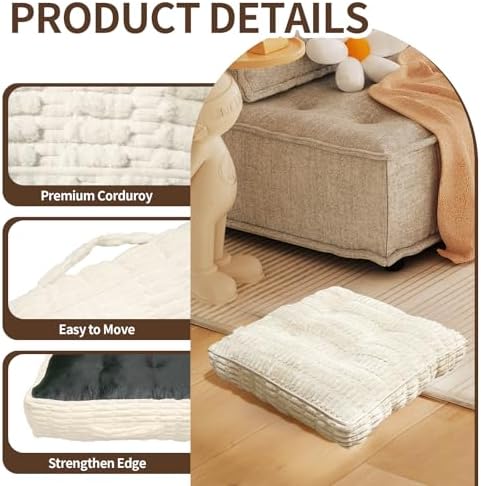 Floor Cushions, Corduroy Floor Pillow, Floors Pillows for Adults & Pets, Large Floors Pouf, Square Floored Pillows for Sitting & Yoga(1PC, Beige White，22"×22"×3.9")