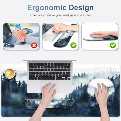 Large Mouse Pad, Keyboard Wrist Rest Set, Ergonomic Mouse Pad with Wrist Support, Desk Mat with Stitched Edges + Coaster, Extended Desk Pad Waterproof Desk Mat for Home Office Game I Misty Forest