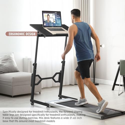 Enayplon Small Standing Desk with Wheels, Portable Treadmill Desk, Rolling Desk Adjustable Height for Laptop, Mobile Standing Table for Walking Pad, Bedside Table
