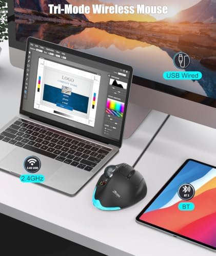 TRELC Wireless Trackball Mouse with Knob Control & LCD Screen, Ergonomic Rechargeable Thumb Control Mice with Tilt Stand, 8000 DPI, Silent Programmable Mouse for 3 Devices, PC, Laptop, Tablet (Black)