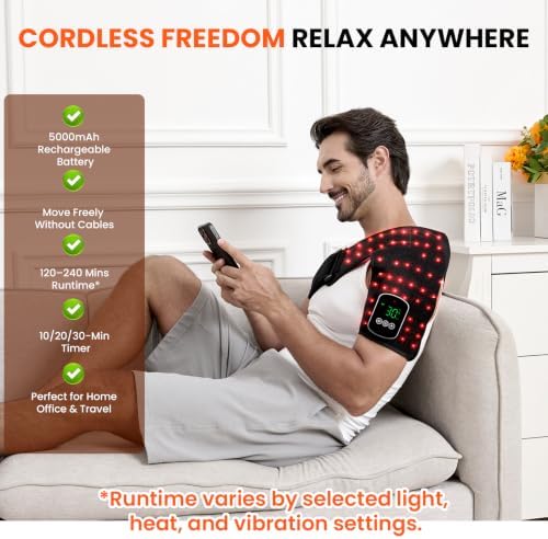 Cordless Red Light Therapy for Shoulder with Heat & Vibration Massage, 80 LEDs 660nm & 850nm Near Infrared Light Shoulder Wrap, 5 Light Levels, Rechargeable 5000mAh Red Light Shoulder Therapy Device