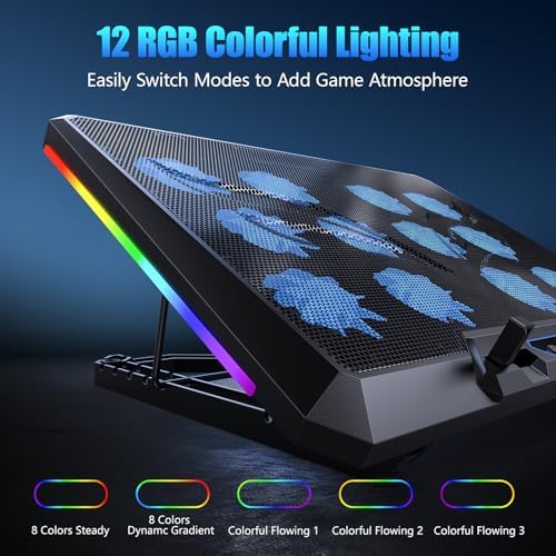 Laptop Cooling Pad with 12 Quiet Fans, Slim Portable for 12-17.3 Inch Laptop Cooler Stand, RGB Lighting, with 5 Height Adjustable, Gaming Cooling Fan Pad,Two USB Ports, Phone Holder (LCD)
