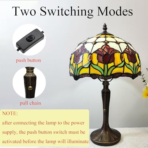 Tiffany Table Lamp Red Tulip Style Stained Glass Lamp 12 Inches Antique Desk Light for Home Office Bedroom Bedside Nightstand Living Room,Include LED Bulb