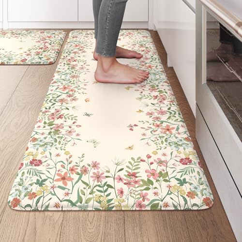 KIMODE Kitchen Mats for Floor Anti Fatigue, Flower Butterfly Kitchen Rugs