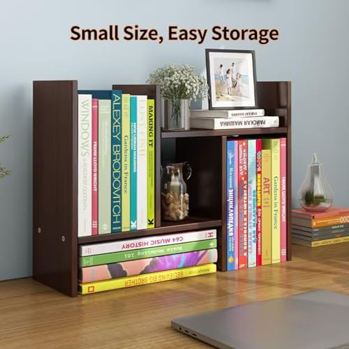Desktop Shelf Organizer, Adjustable Wood Office Storage Rack, Counter Display Small Bookshelf for Home/Office/School(Dark Walnut)