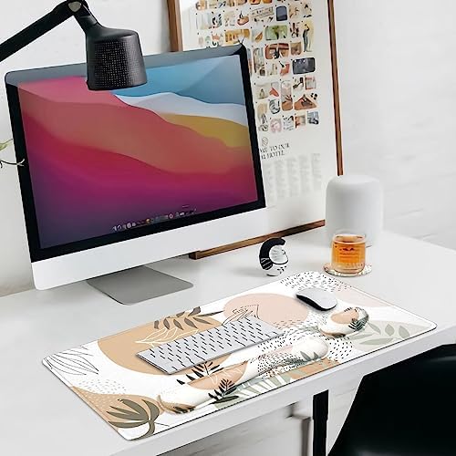 4-in-1 Large Mouse Pad, Keyboard Wrist Rest Pad & Wrist Support Mousepad Set, Extended Desk Pad Waterproof Desk Mat for Home Office Study Game - Leave