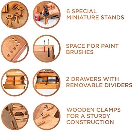 Plydolex Plywood Storage Rack - 105 Bottle Holes for 17 ml Vallejo Paints, 14 Paintbrush Slots, 6 Miniature Stands, 2 Drawers, a Shelf & a Brush Tray - Works for DnD, Warhammer 40K and Other Minis
