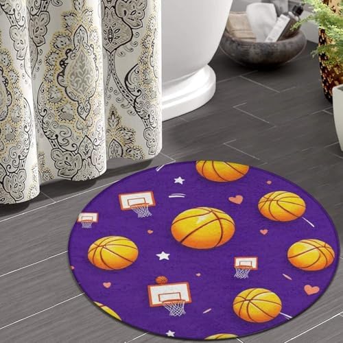 Large Machine Washable Circular Rugs, Home Decor Round Mat for Living Room Sofa Office Basketball Purple