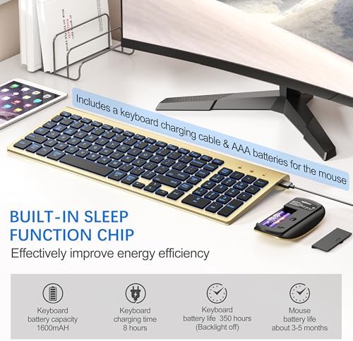 Wireless Backlit Keyboard and Mouse Ultra Slim Combo, TopMate - Gold Black