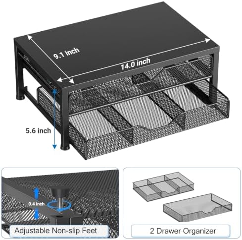 OPNICE Desk Organizer and Accessories, 2-Tier Computer Monitor Stand Riser with 2 Drawer, Laptop Stand, Office Desk Accessories for Office Supplies, Black