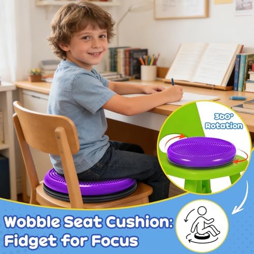 Wobble Cushion, Fimeetoy 360°Spinning Wiggle Seat, ADHD Sensory Chair,Flexible Seating in Classroom & Home,ADHD Tools for Kids,2-in-1 Detachable Balance Pad,Fidget for Focus-Purple